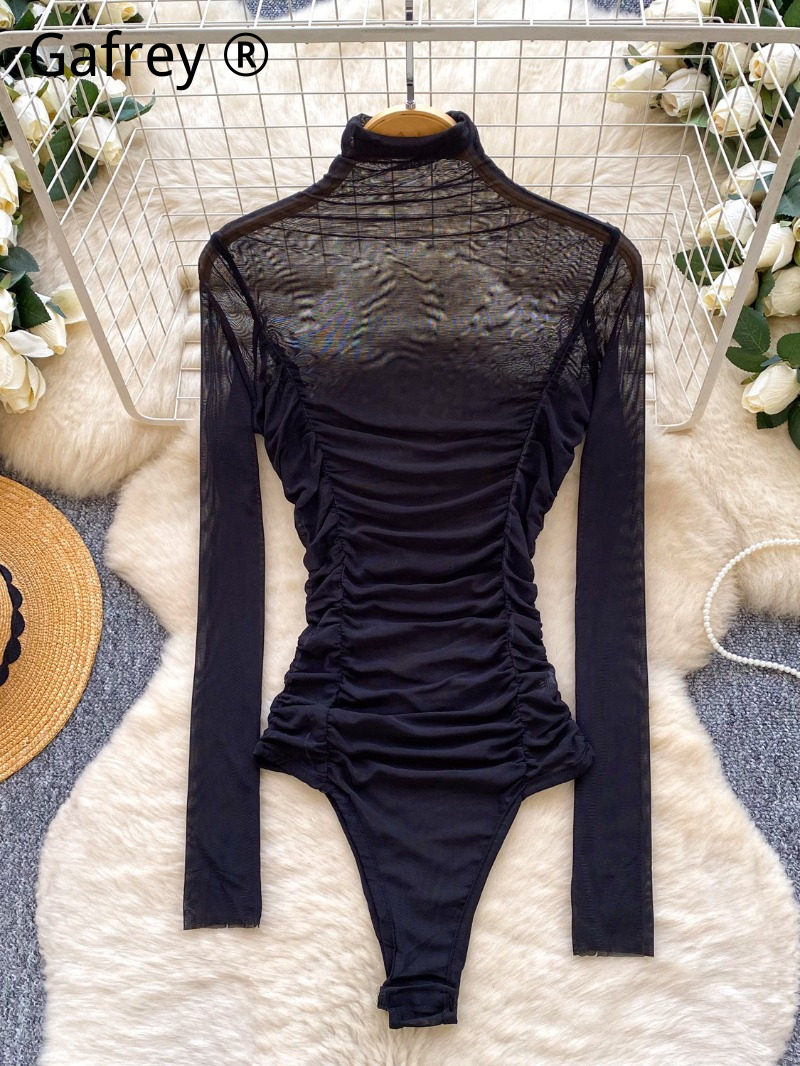 Turtleneck Bodysuit Office - Sexy grijze mesh gerimpelde bodysuit dames