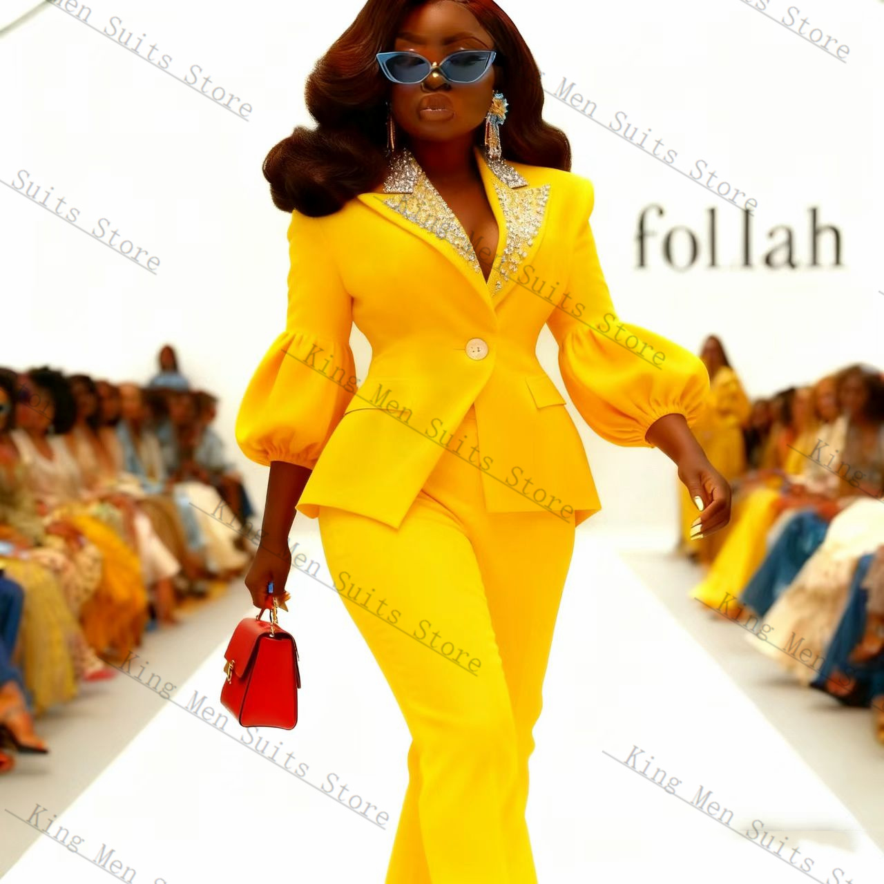 Yellow Formal Wear Women - Kristallen Geel Vrouwen Pak Set 2