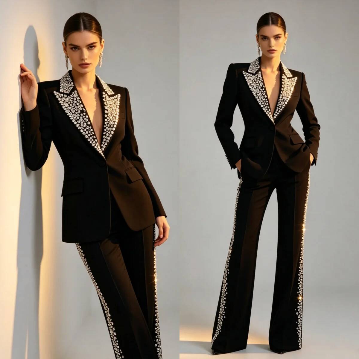 Women Formal Wear For Plus Size - Mode Kristallen 2-delige pakken met piekreversjas