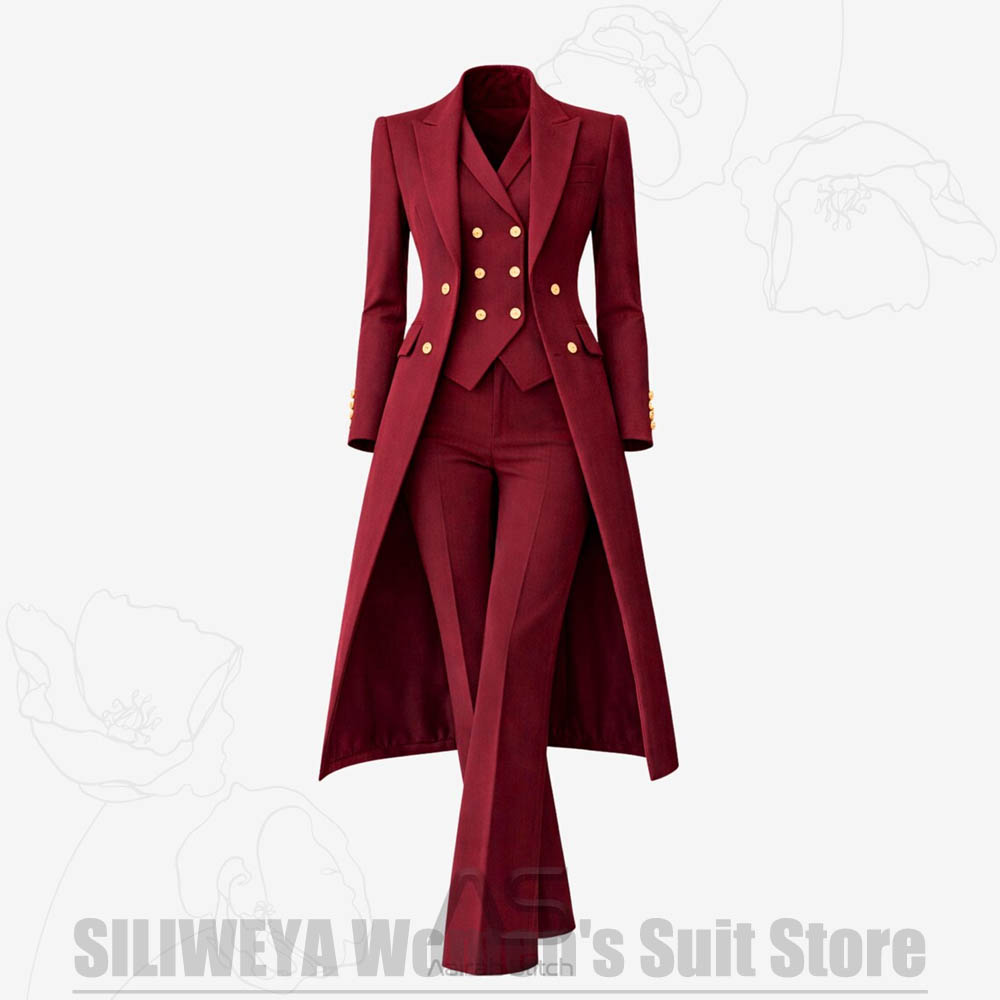 Women Formal Wear For Party - Damespak 3-delig dubbelgeknoopt lange jas vest
