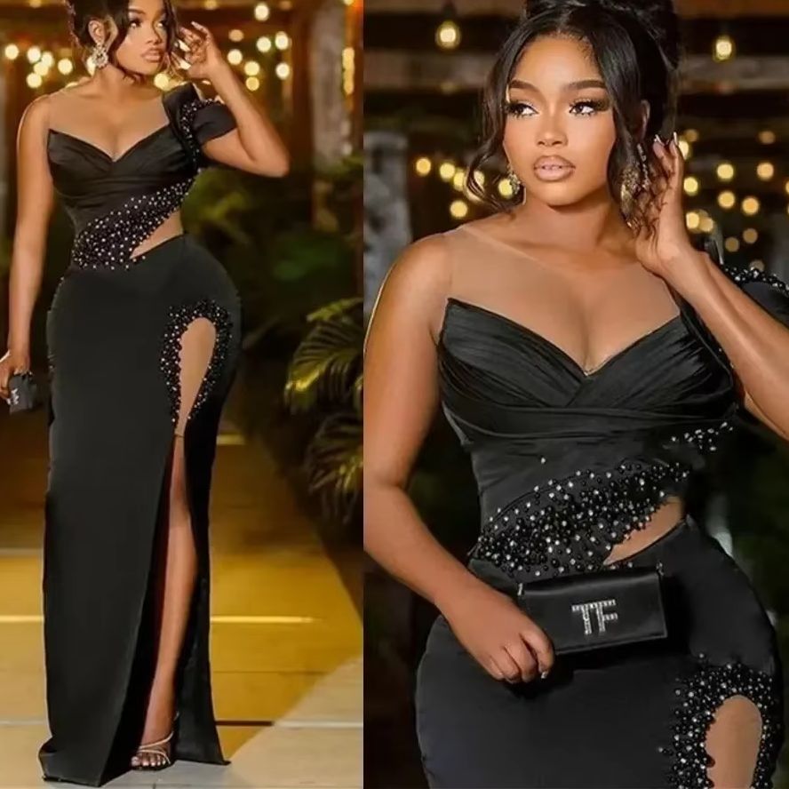 Women Formal Wear For Plus Size - Zwarte satijnen plus size galajurk Aso