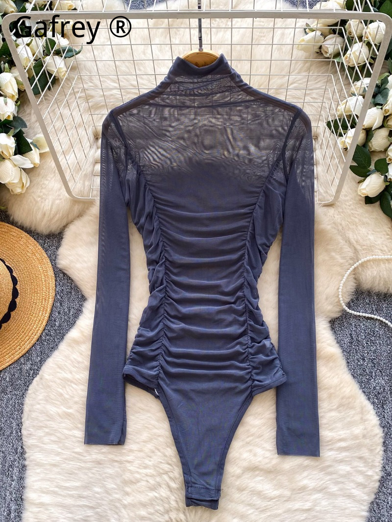 Sexy grijze mesh gerimpelde bo - Turtleneck Bodysuit Office recensie en prijs