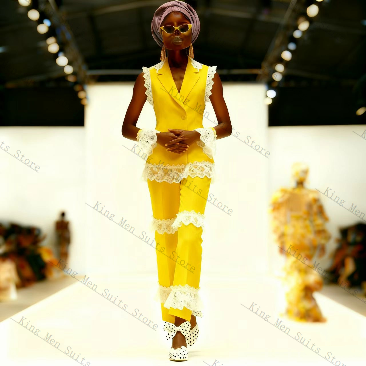 Geel Wit Kant Vrouwen Pak Set  - Yellow Formal Wear Women recensie en prijs