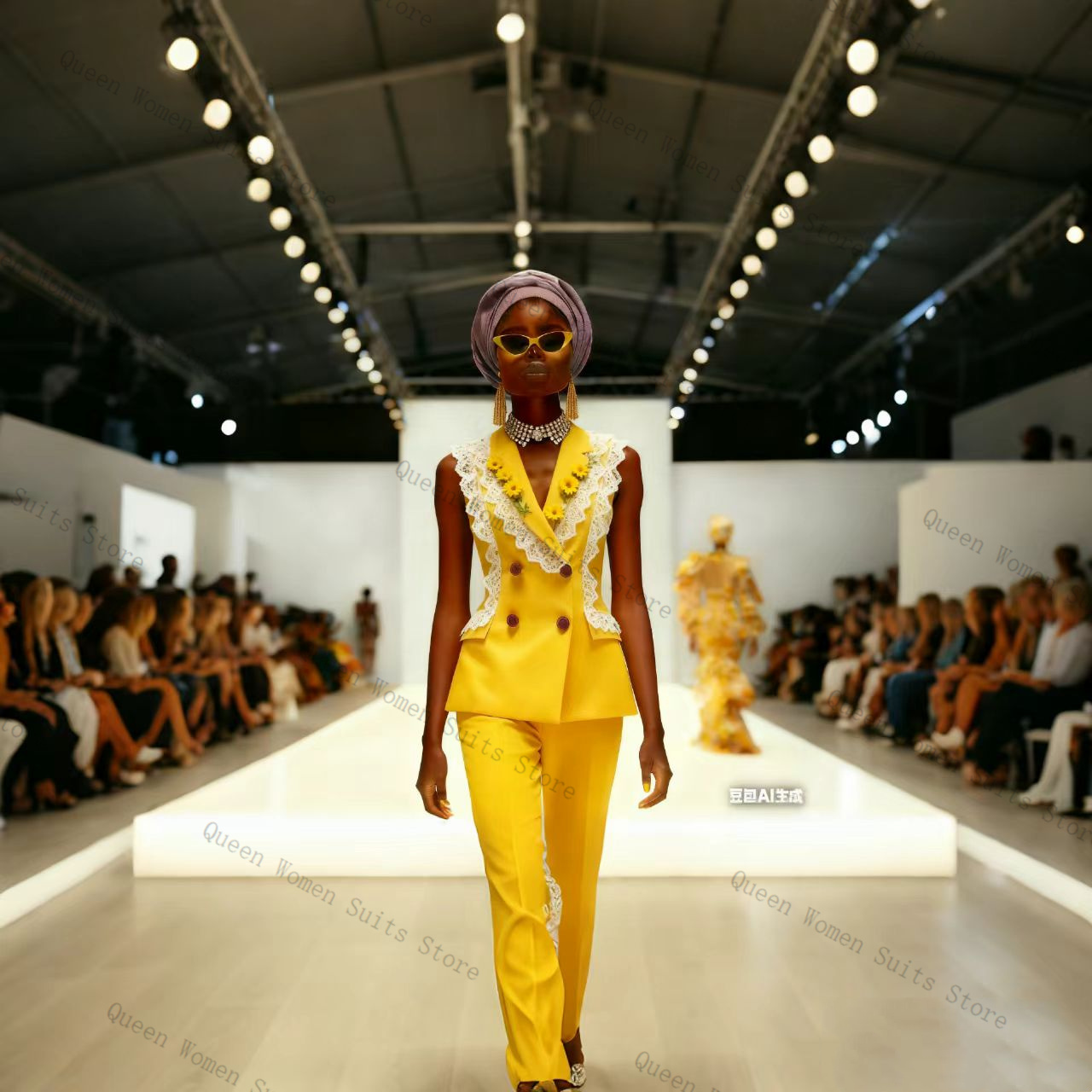 Geel Wit Kant Damespak Broek S - Yellow Formal Wear Women recensie en prijs